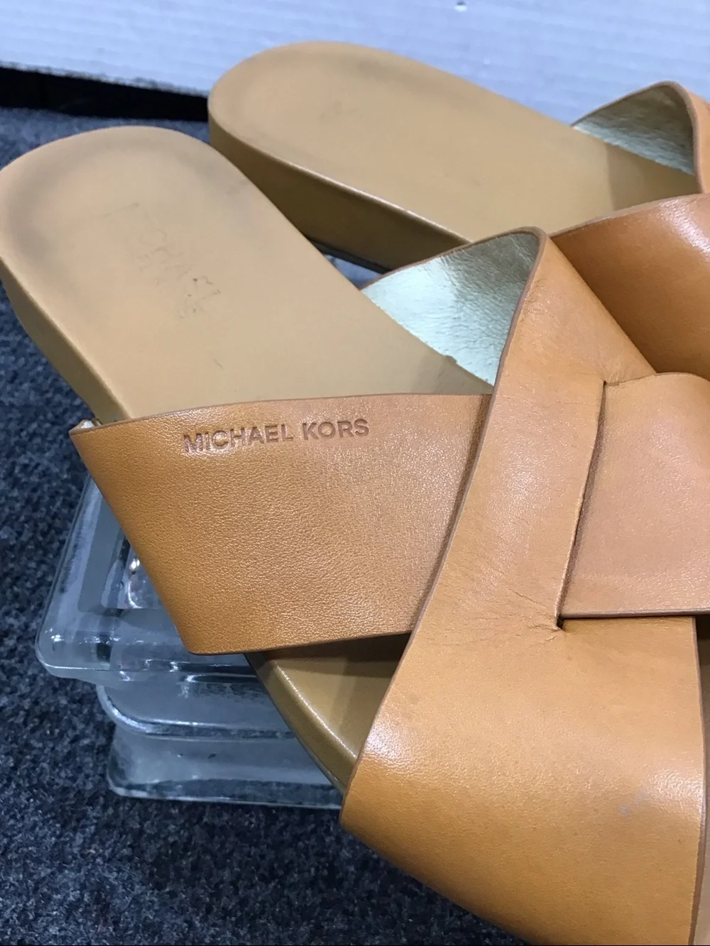 Michael Michael  Kors Cognac Somerly Leather Crossband Slide Sandals 7.5 - Picture 2 of 9